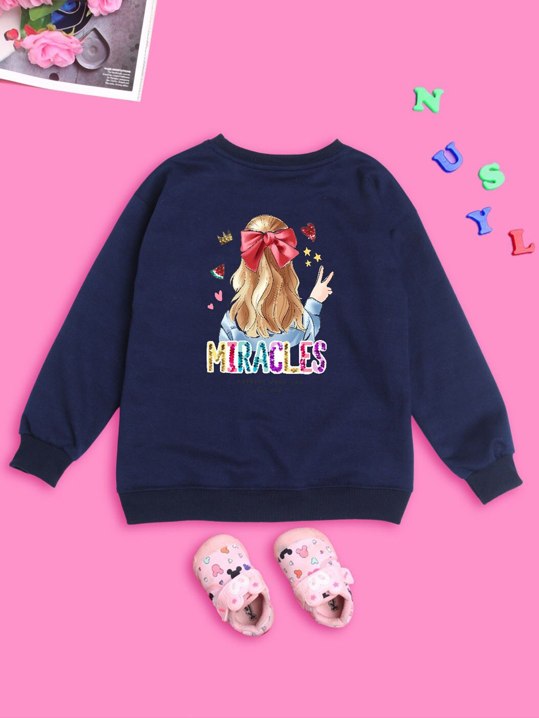 

BAESD Girls Typography Printed Fleece Oversized Sweatshirt, Navy blue