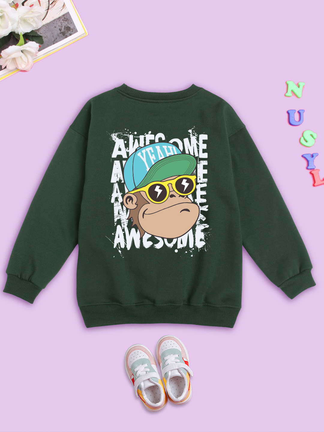 

BAESD Kids Graphic Printed Fleece Pullover Oversized Sweatshirt, Green