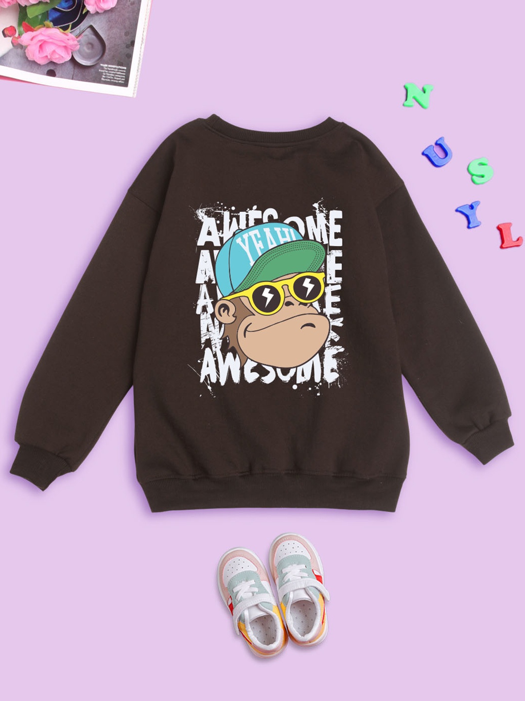 

BAESD Kids Monkey Printed Fleece Pullover, Brown