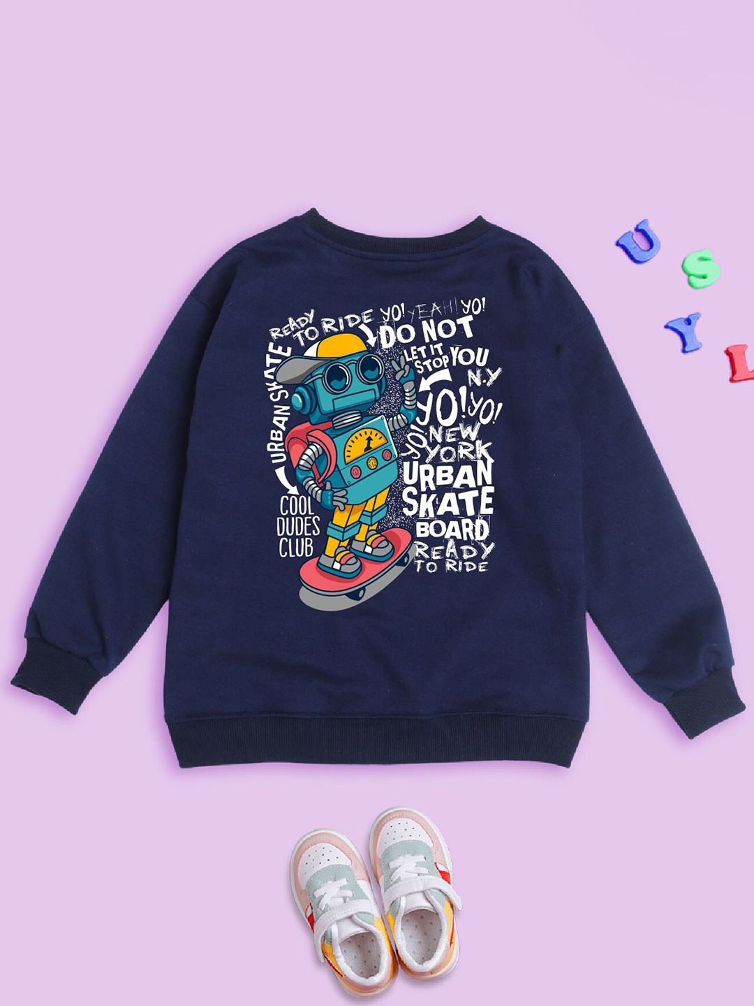 

BAESD Kids Robot Printed Fleece Pullover Oversized Sweatshirt, Navy blue