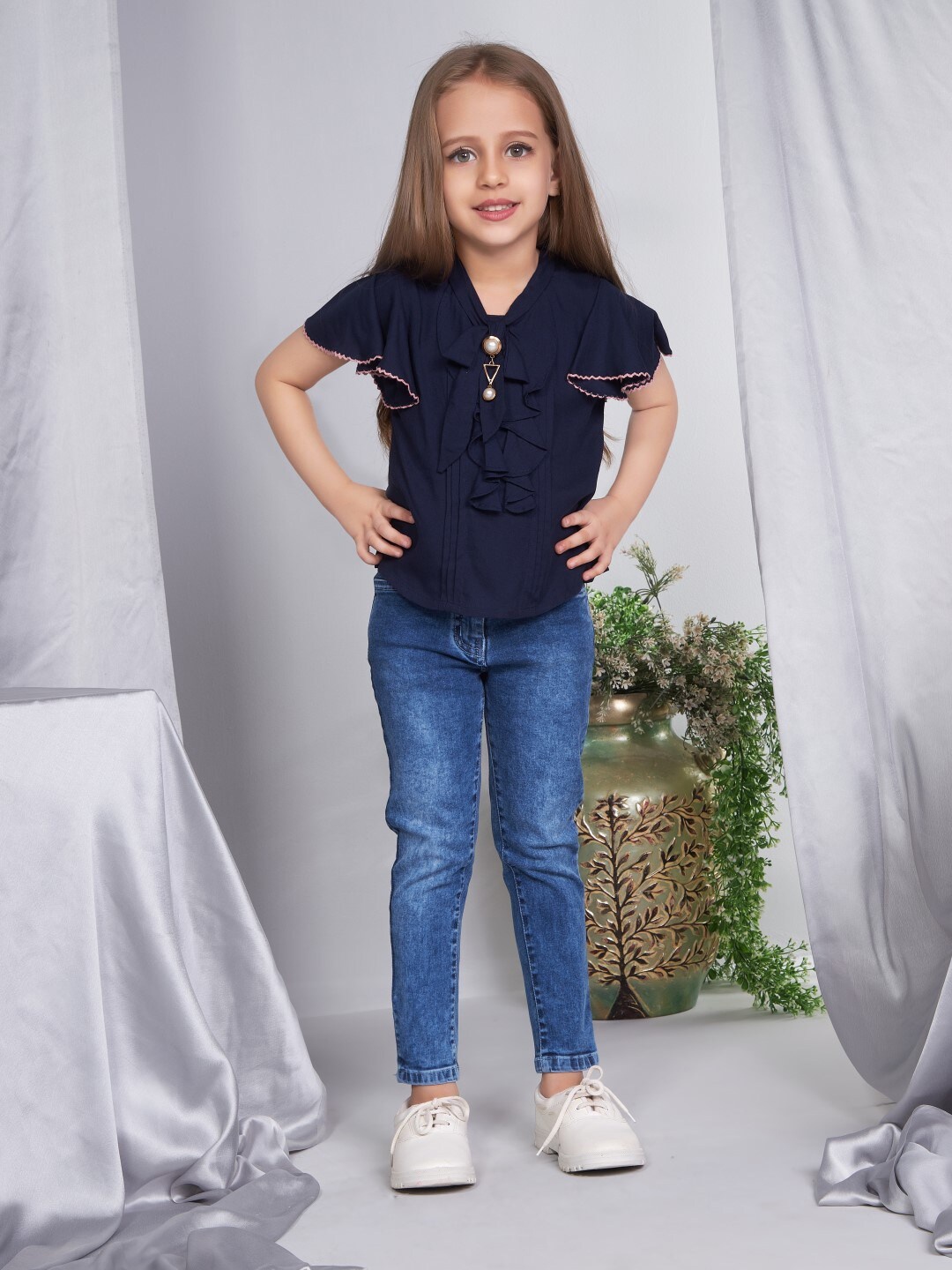 

Peppermint Girls Tie-Up Neck Flutter Sleeves Top, Navy blue