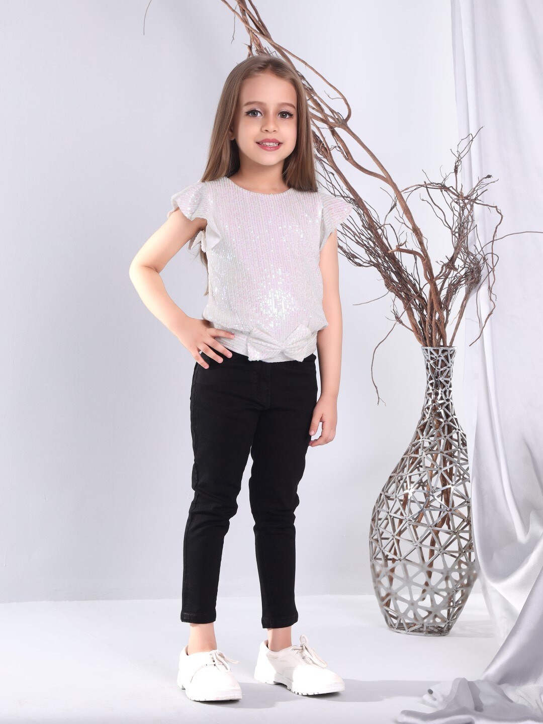 

Peppermint Girls Self Design Shimmer Round Neck Flutter Sleeves Top, Cream