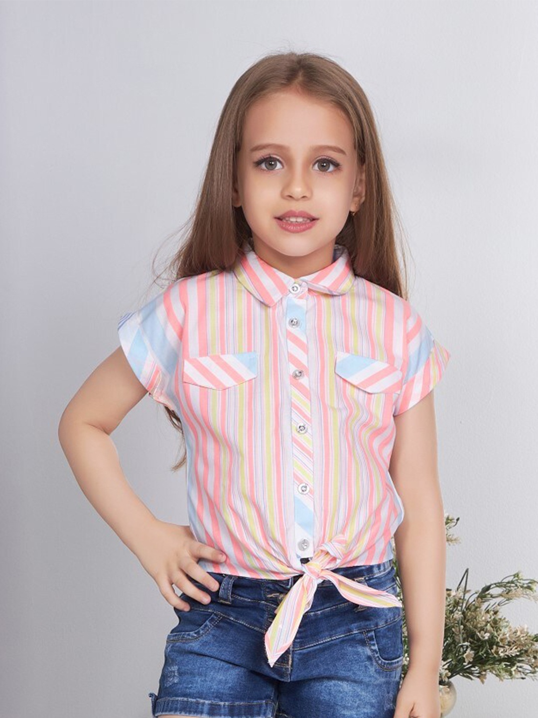 

Peppermint Girls Striped Cotton short Top, Pink