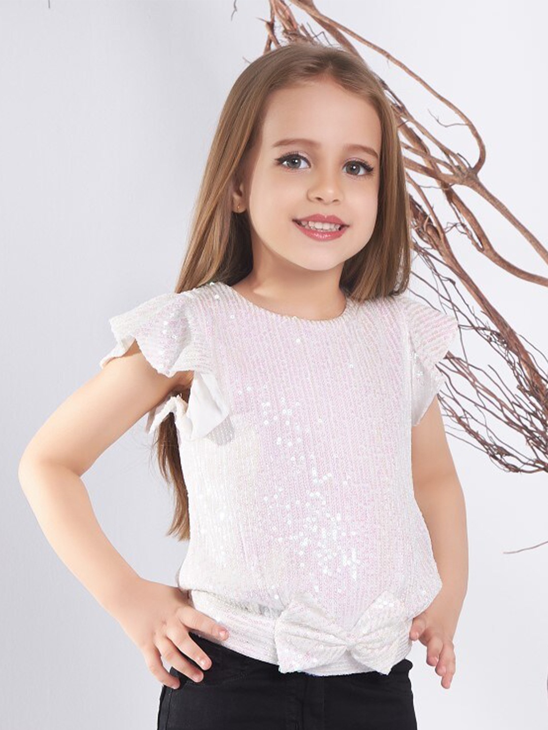 

Peppermint Girls Embellished Bell Sleeves Opaque short Top, Cream