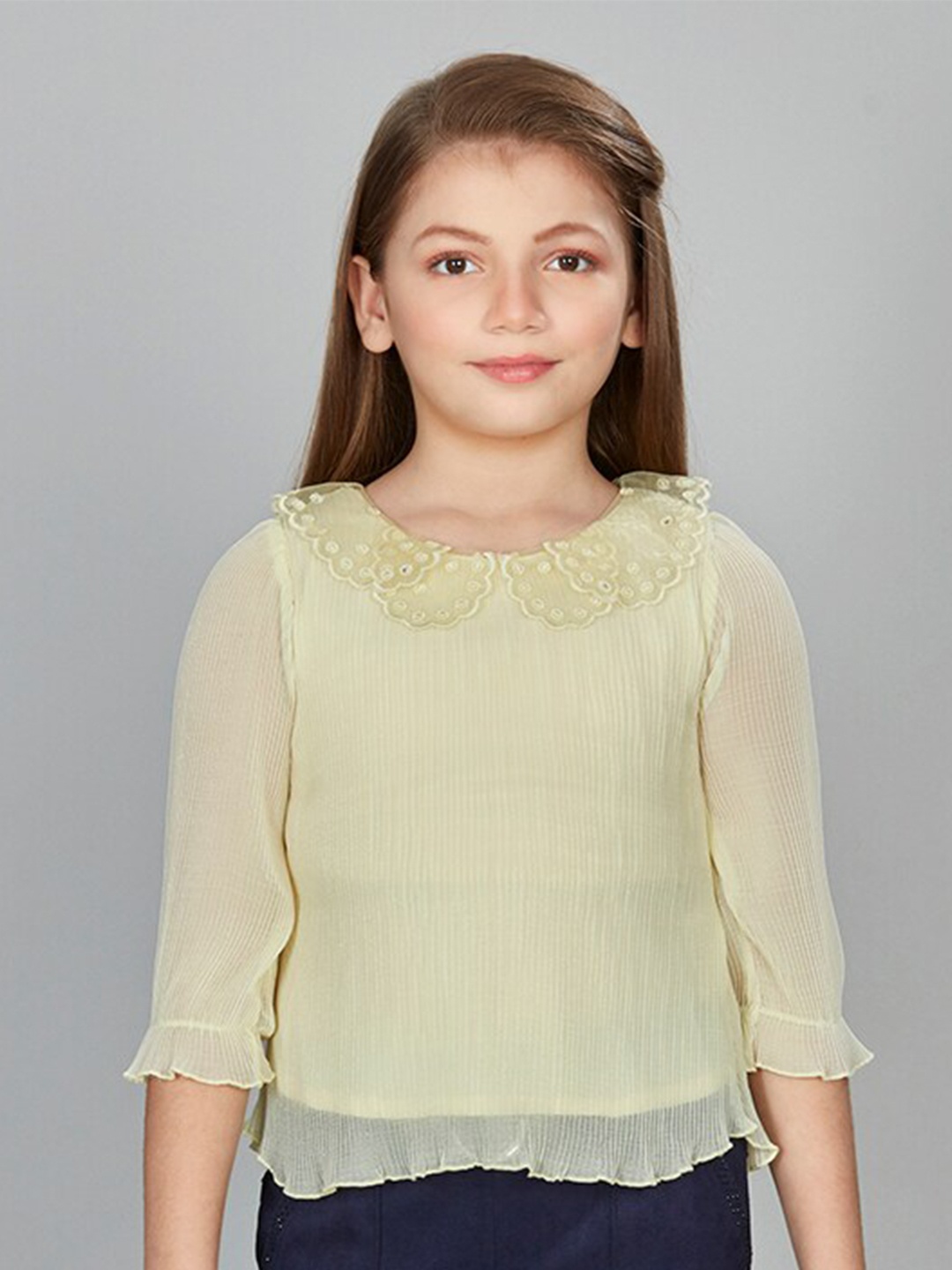 

Peppermint Girls Self Design Regular Sleeves Opaque Top, Yellow