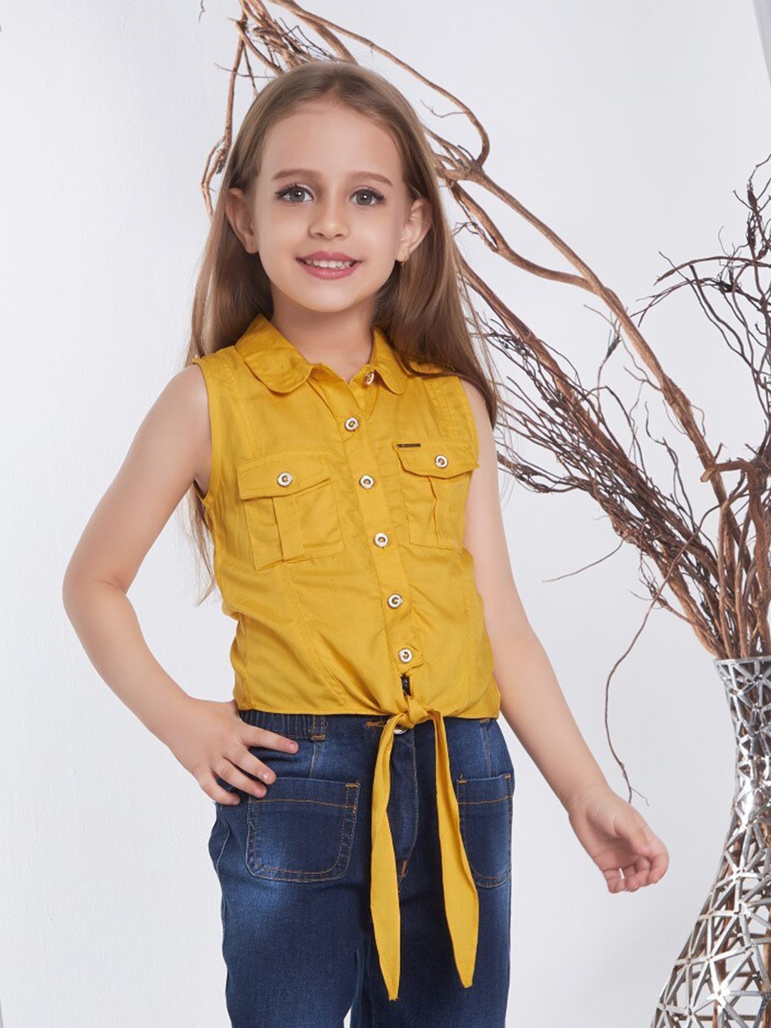 

Peppermint Girls Shirt Collar Opaque Sleeveless Top, Mustard