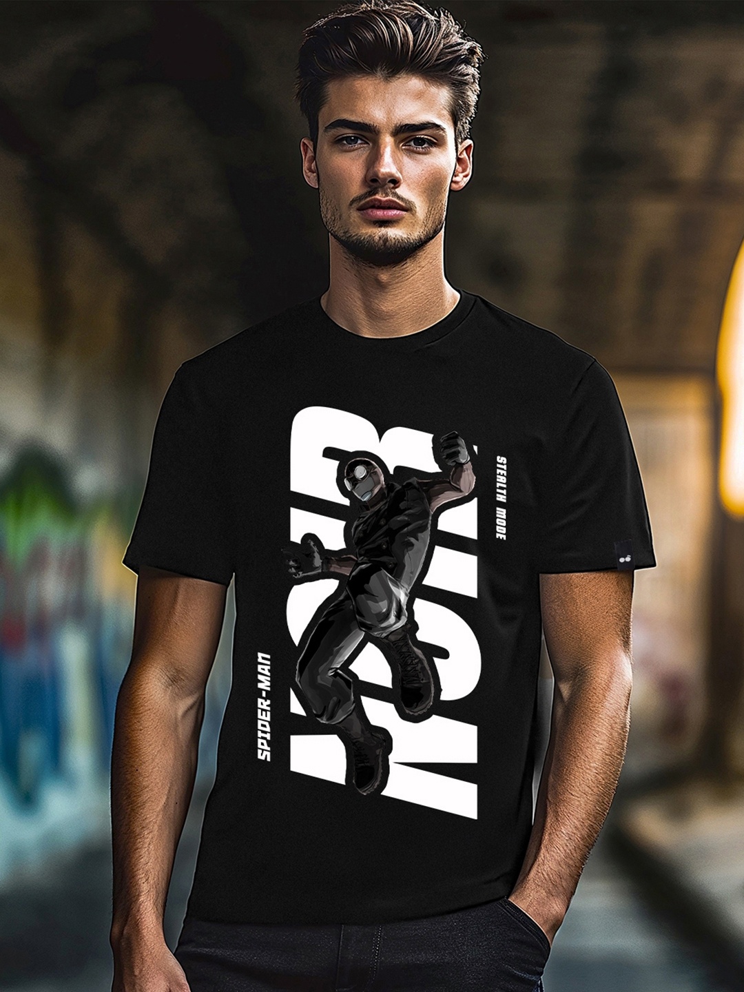 

Bewakoof Black Black Spiderman Noir Graphic Printed Cotton T-shirt