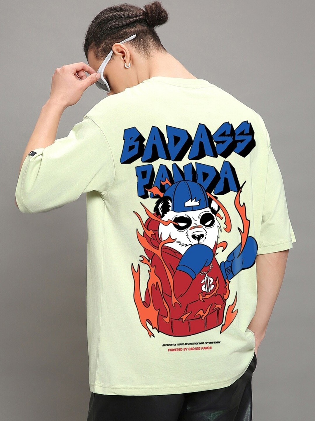 

Bewakoof Badass Panda Printed Round Neck Oversized Cotton T-shirt, Green