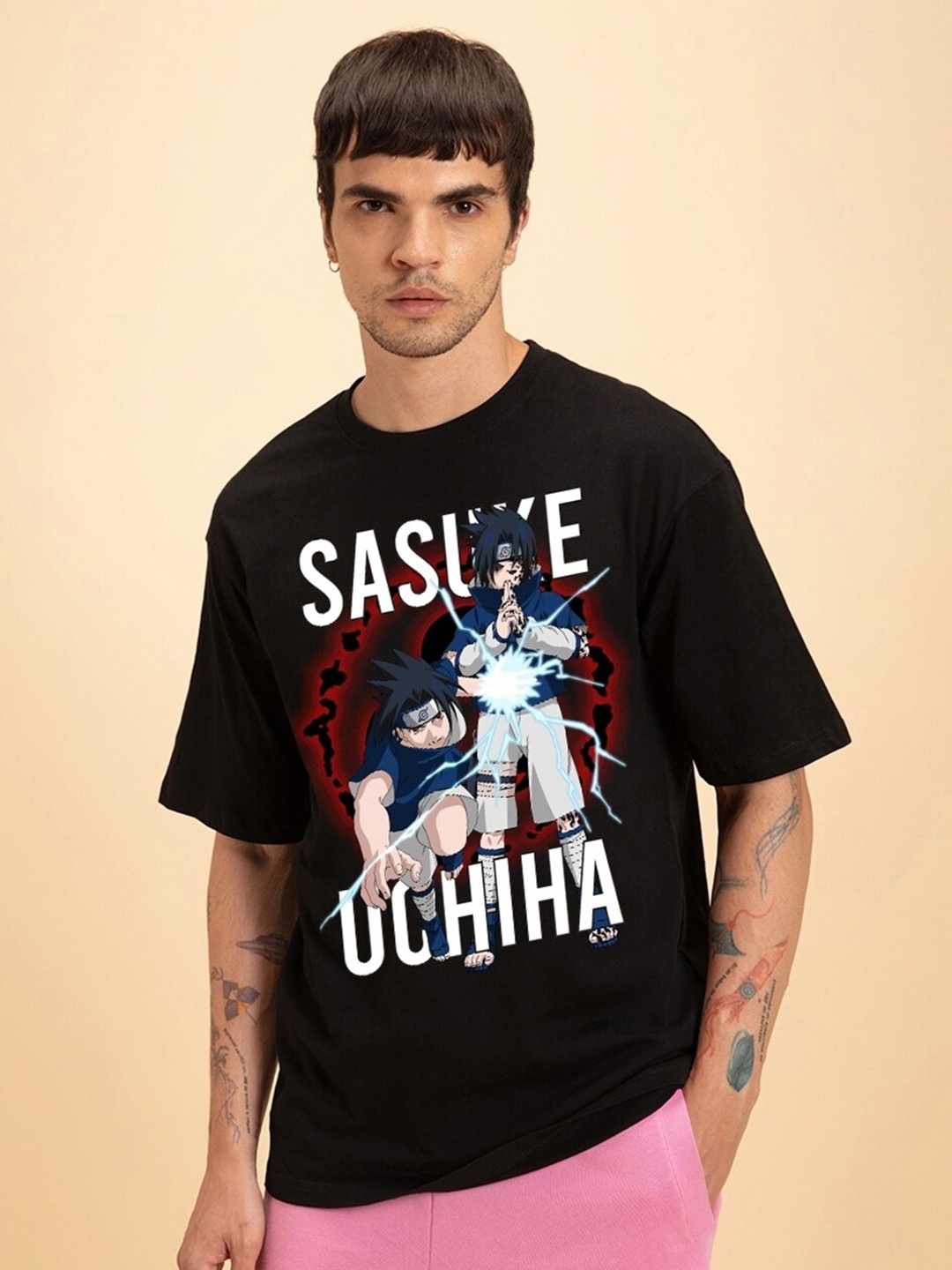 

Bewakoof Uchiha Graphic Printed Oversized Cotton T-shirt, Black