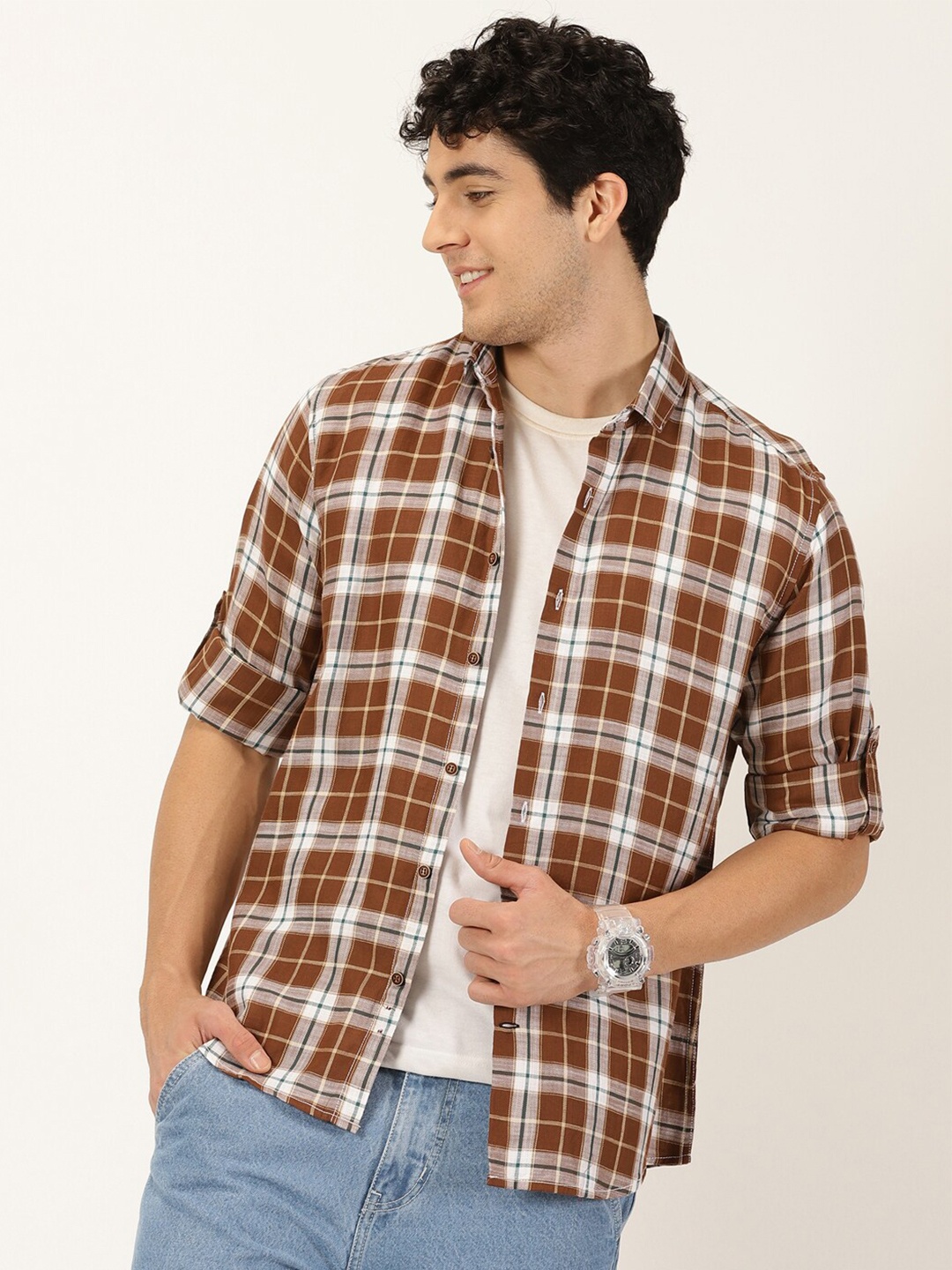 

Mast & Harbour Brown Classic Slim Fit Tartan Checks Opaque Casual Shirt