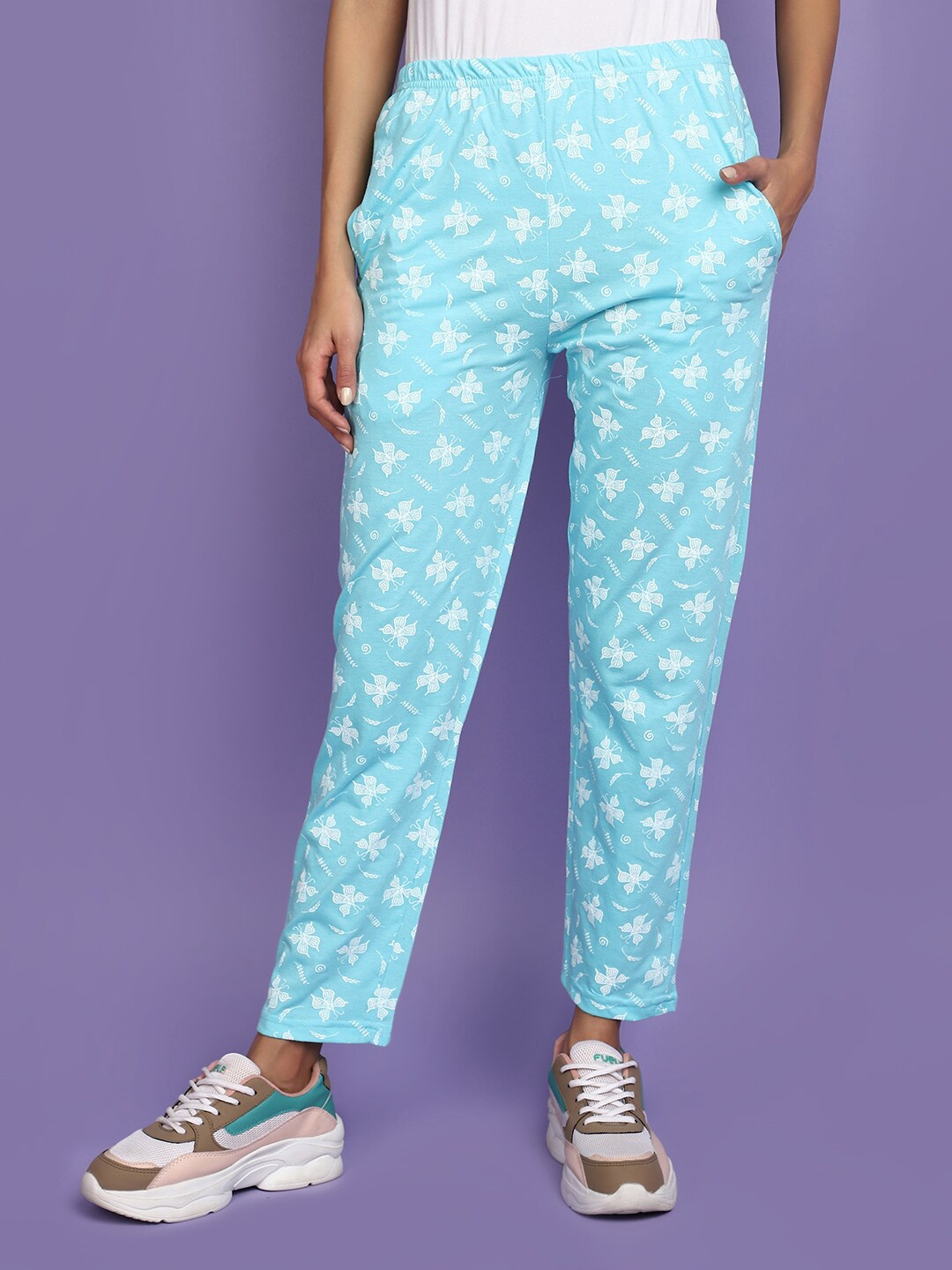 

V-Mart Women Graphic Printed Mid-Rise Pure Cotton Lounge Pant, Blue