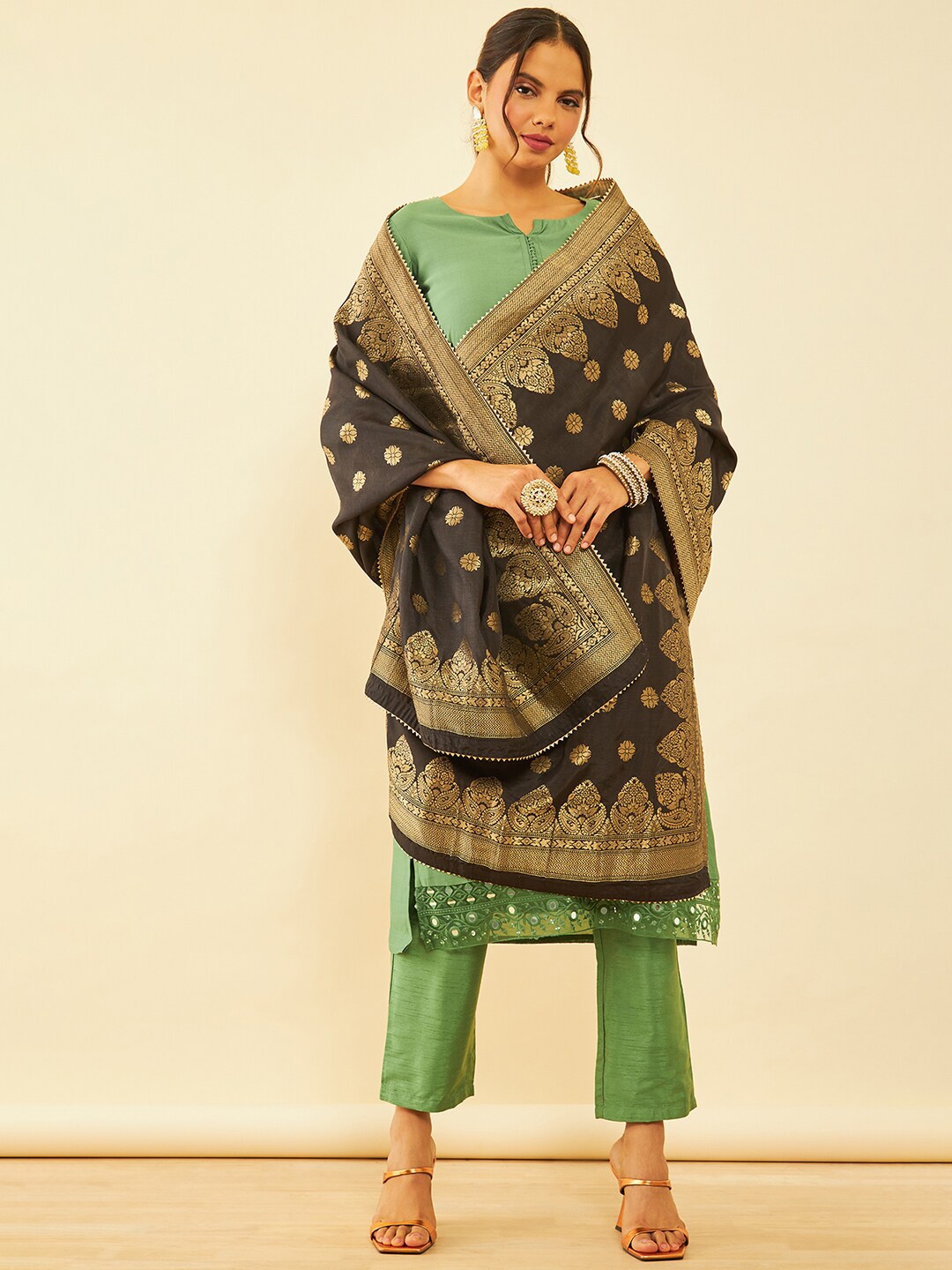 

Soch Black & Gold-Toned Ethnic Motifs Woven Design Art Silk Dupatta with Zari
