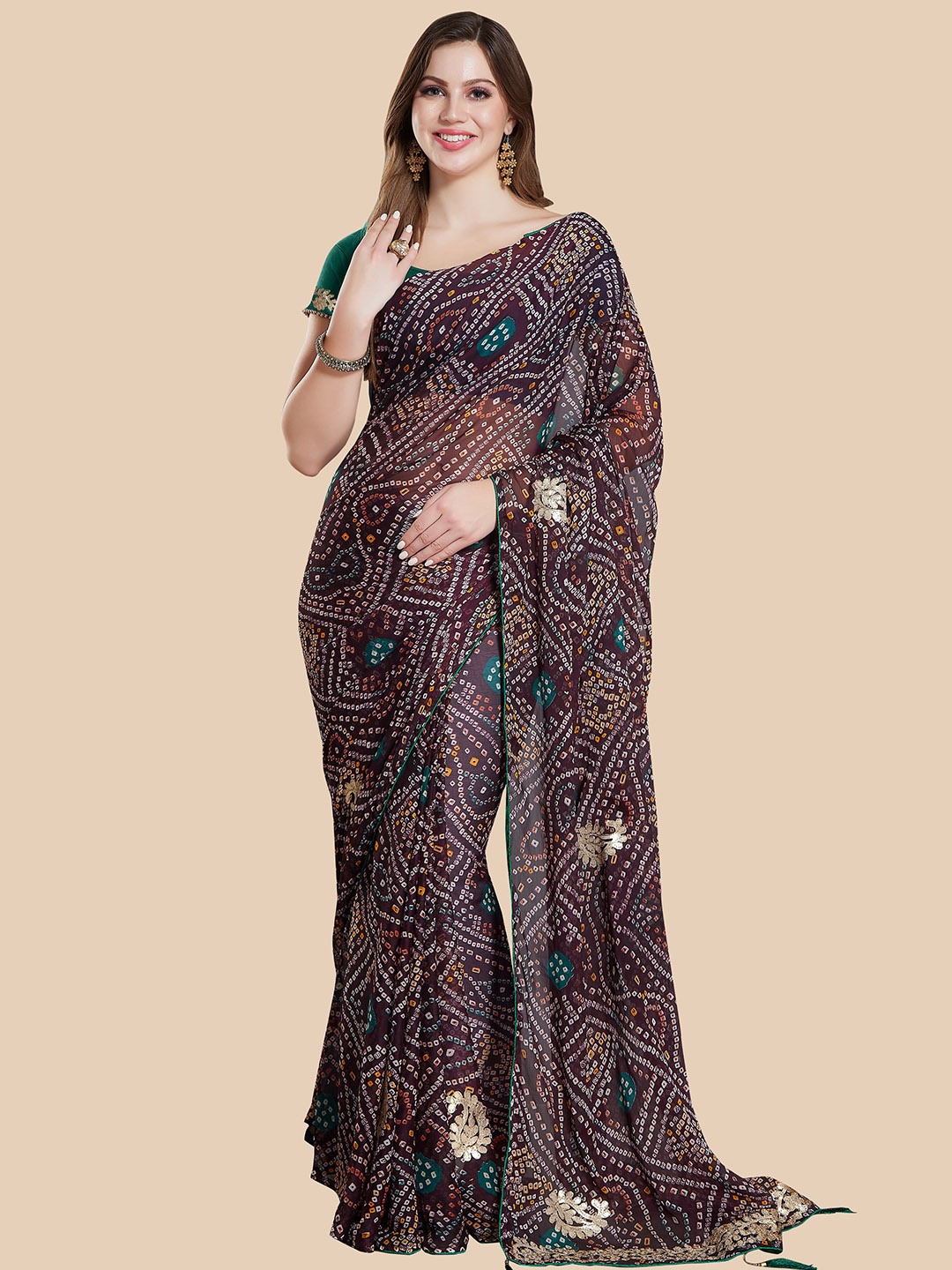 

Rani Saahiba Gotta Patti Bandhani Saree, Brown