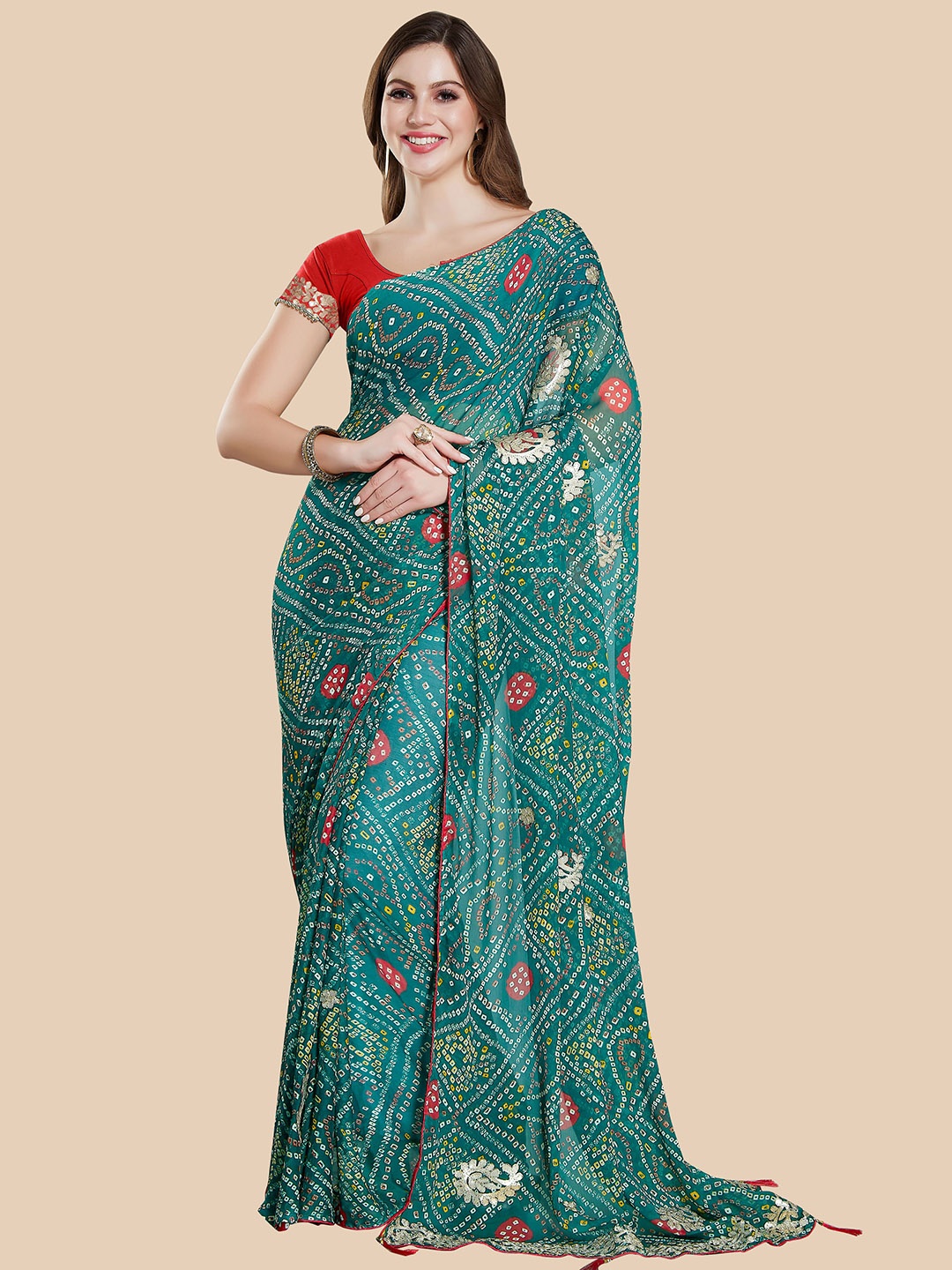 

Rani Saahiba Gotta Patti Bandhani Saree, Green