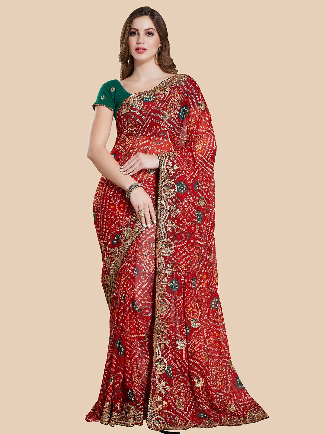

Rani Saahiba Gotta Patti Bandhani Saree, Red