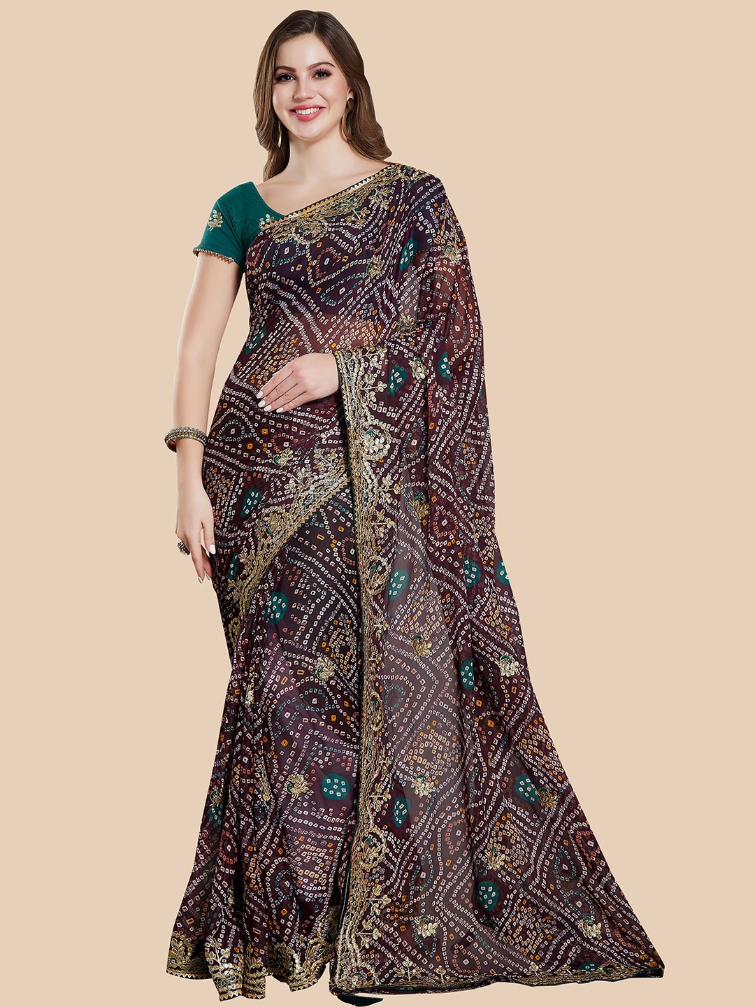 

Rani Saahiba Gotta Patti Bandhani Saree, Brown