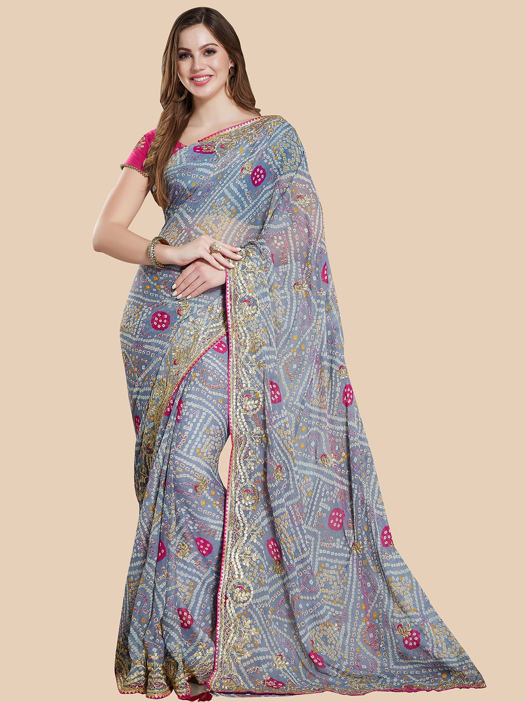 

Rani Saahiba Gotta Patti Bandhani Saree, Grey