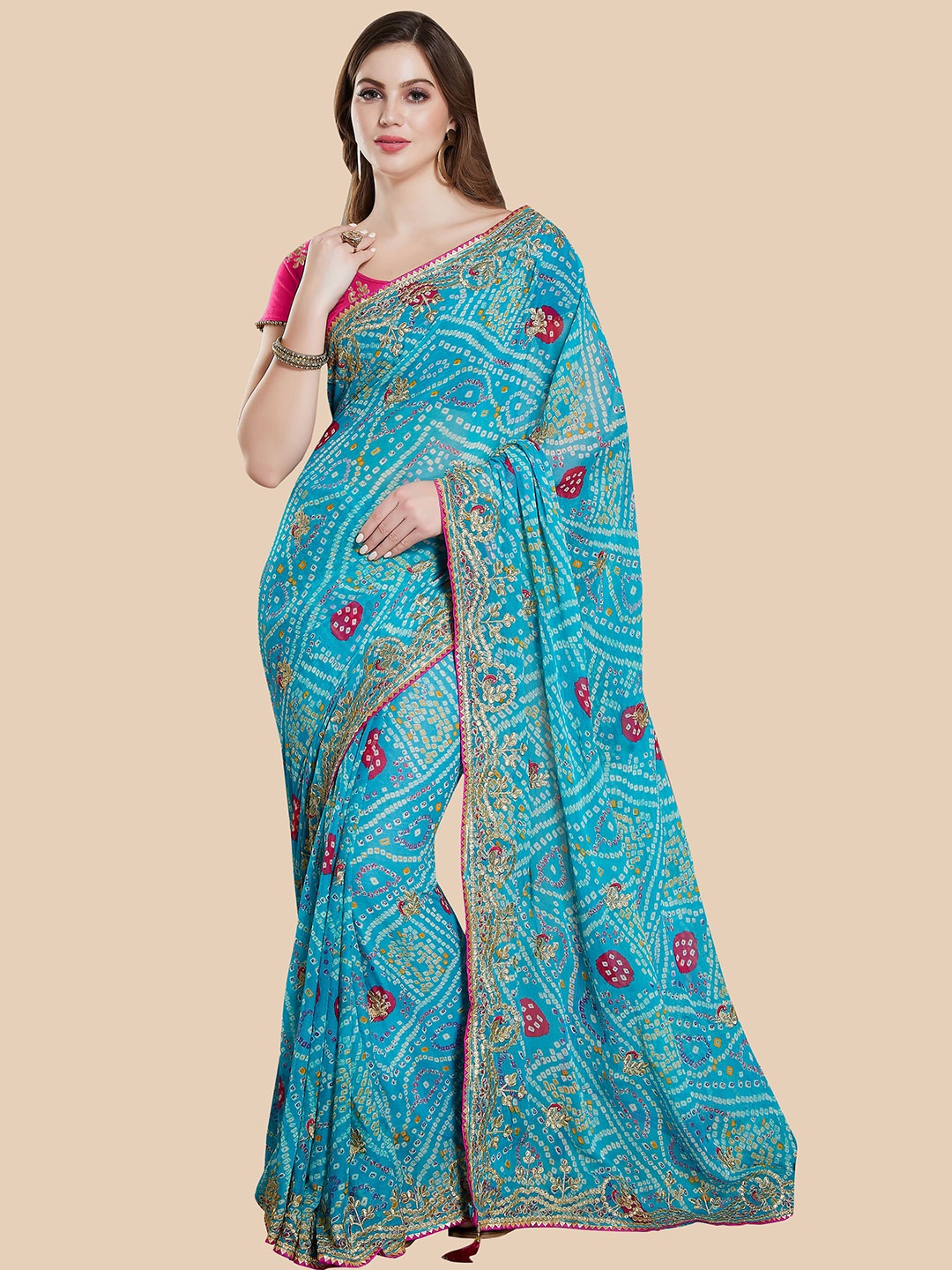 

Rani Saahiba Gotta Patti Bandhani Saree, Turquoise blue