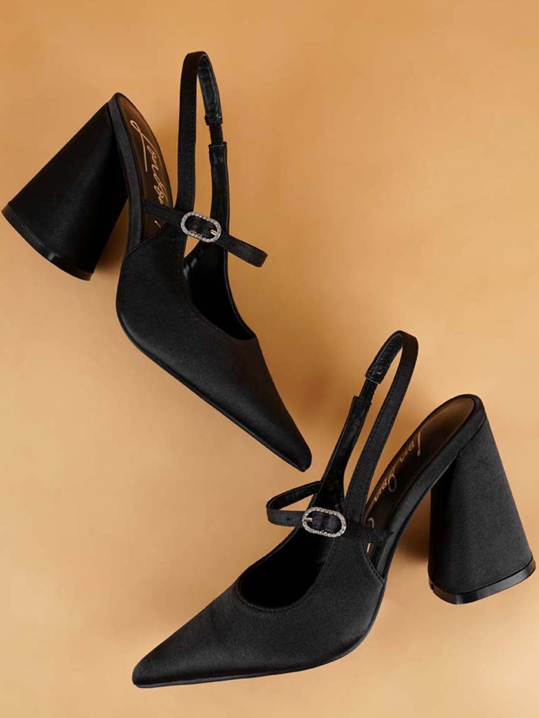 

London Rag Buckles Detailed Pointed Toe Block Heels, Black