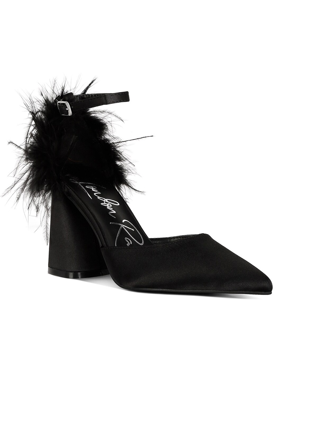 

London Rag Fur Detailed Buckles Detailed Pointed Toe Block Heels, Black