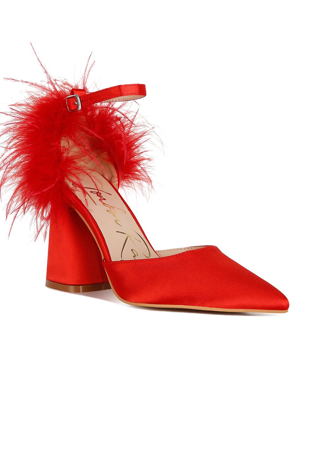 

London Rag Fur Detailed Buckles Detailed Pointed Toe Block Heels, Red