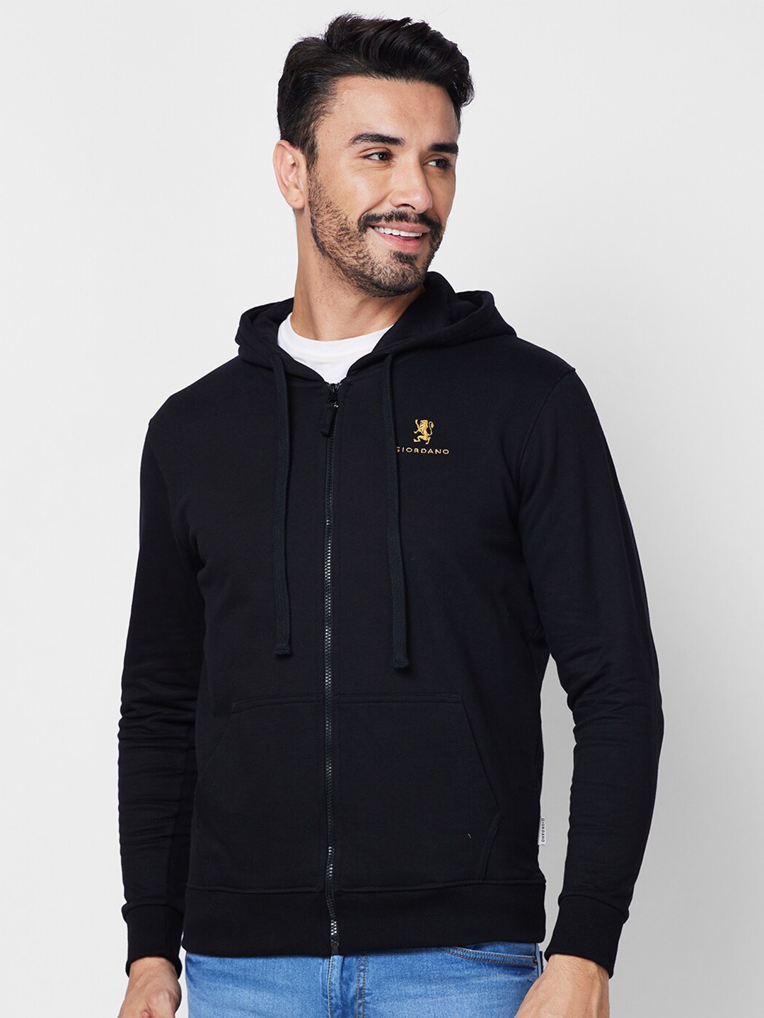 

GIORDANO Hooded Pure Cotton Front Open Sweatshirt, Black