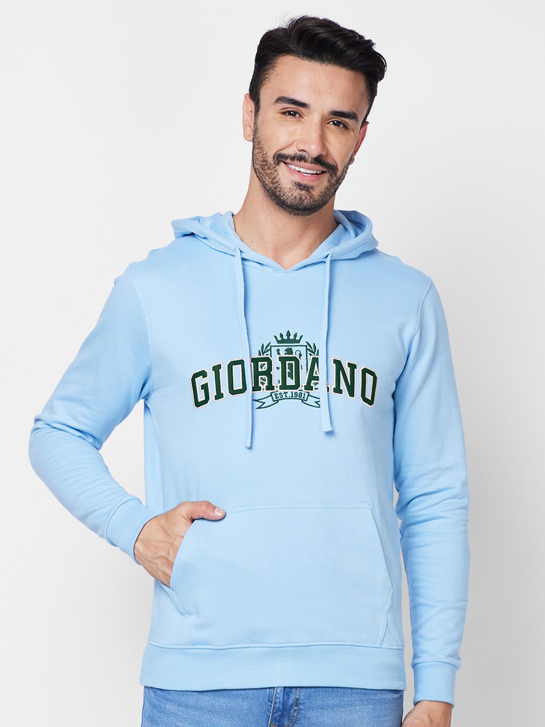 

GIORDANO Typography Printed Hooded Pure Cotton Pullover Sweatshirt, Blue