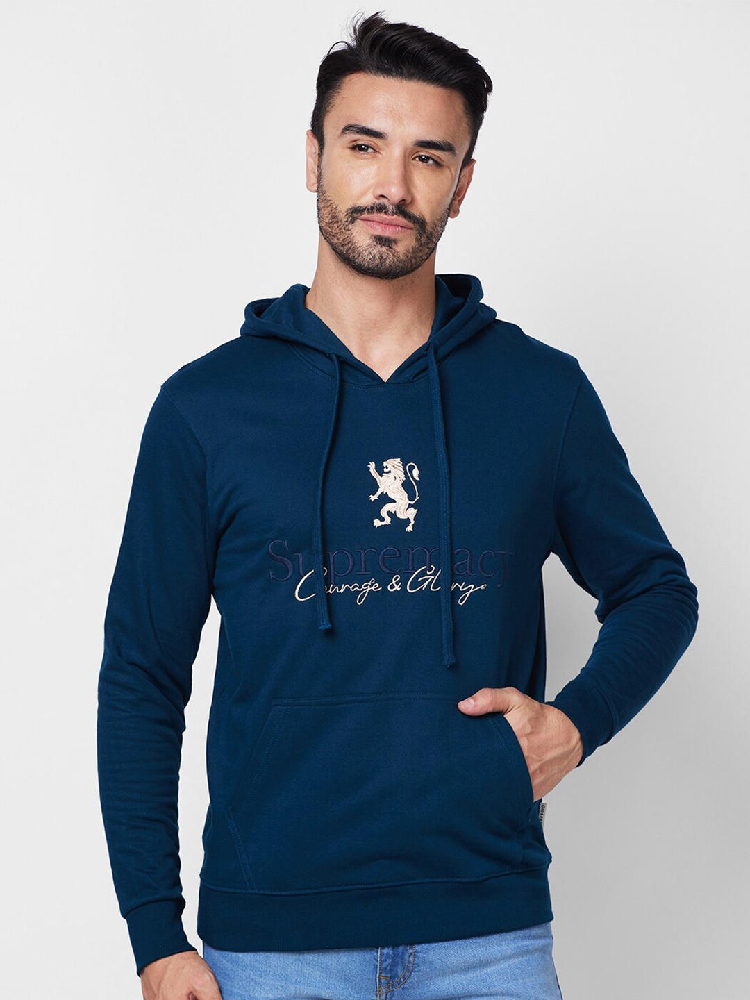 

GIORDANO Typography Printed Hooded Pure Cotton Pullover Sweatshirt, Teal