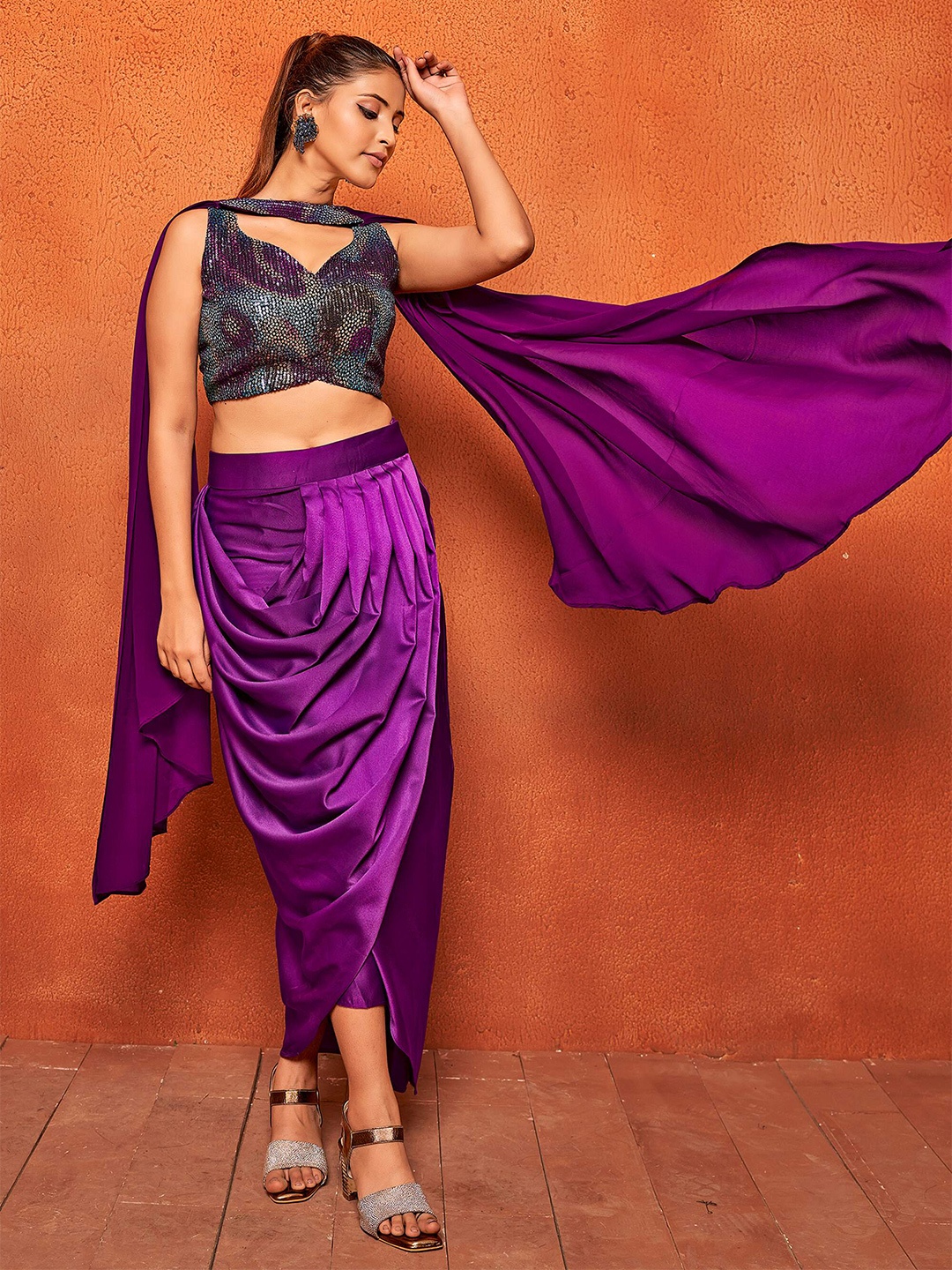 

Curvy Lane Embellished Crop Top With Dhoti Skirt Co-Ords With Dupatta, Purple