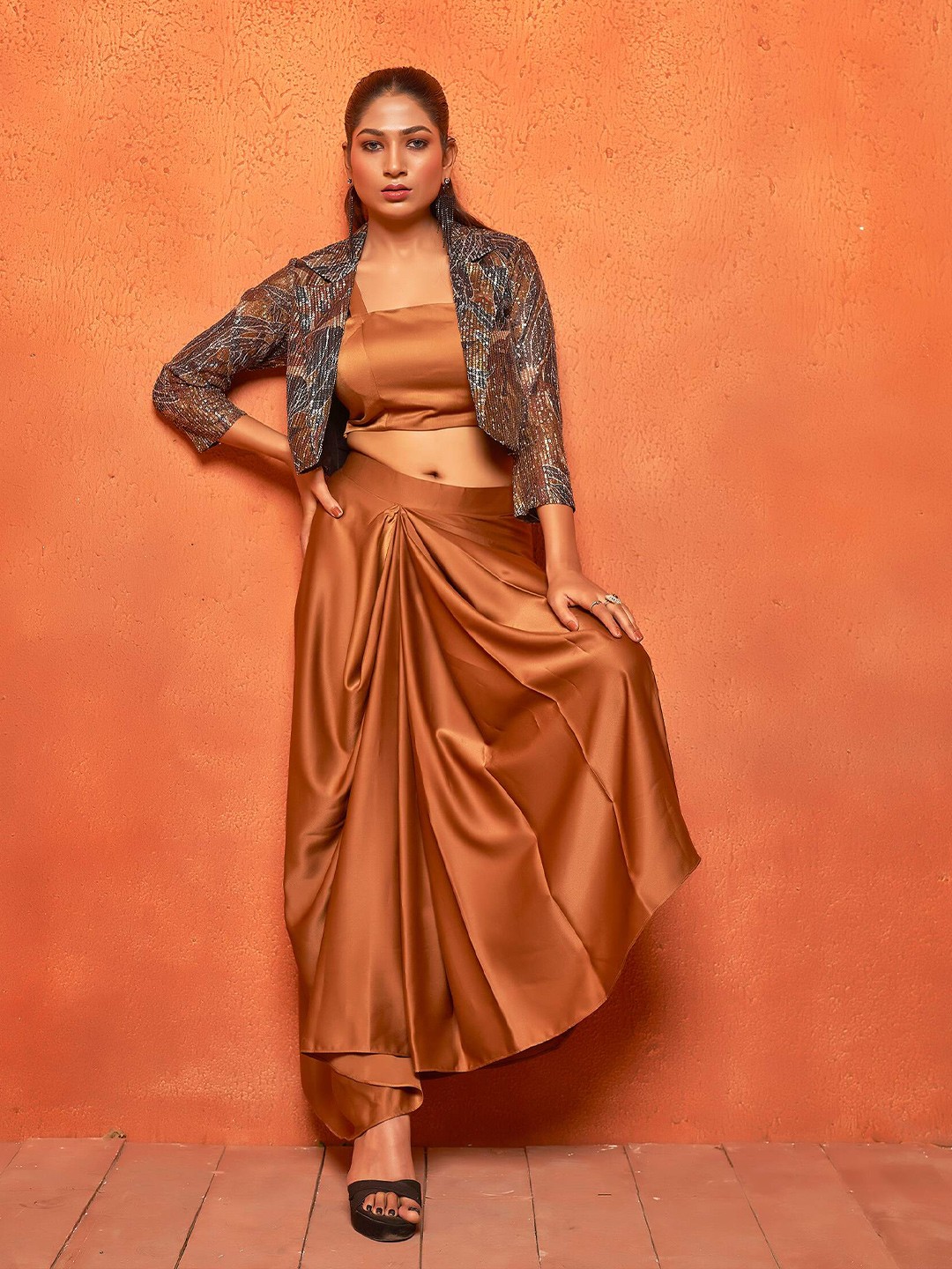 

Curvy Lane Leaf Printed Embellished Crop Top With Dhoti Skirt & Shrug, Camel brown