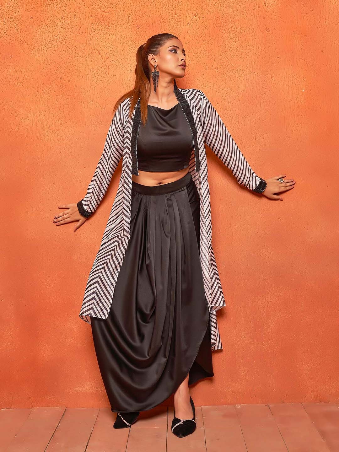 

Curvy Lane Chevron Printed Crop Top With Dhoti Skirt & Shrug Co-Ords, Black