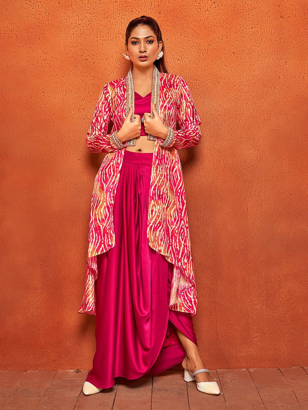 

Curvy Lane Ethnic Printed Embellished Crop Top With Dhoti Skirt & Shrug, Pink