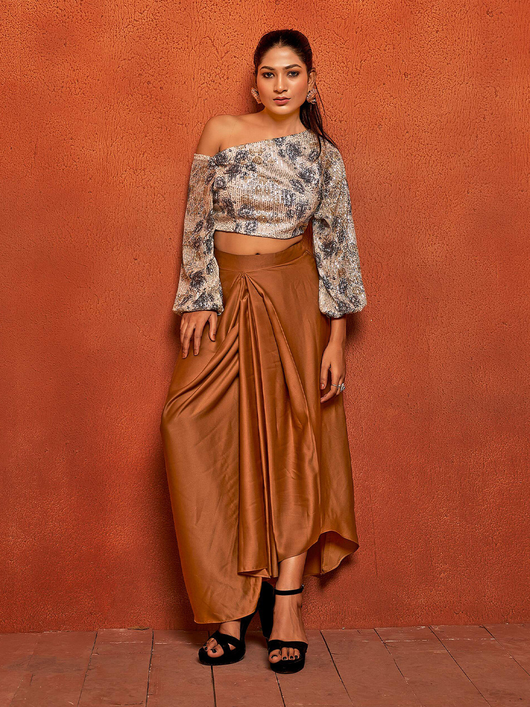 

Curvy Lane Embellished One Shoulder Loose Fit Top & Dhoti Skirt, Camel brown