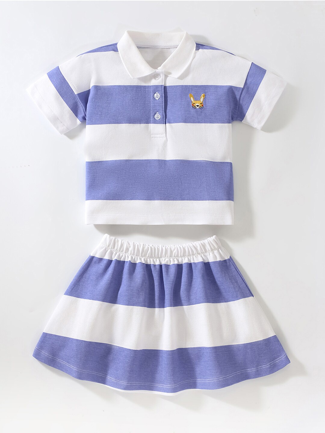 

StyleCast Girls White Striped Polo Collar Pure Cotton T-shirt With Skirt