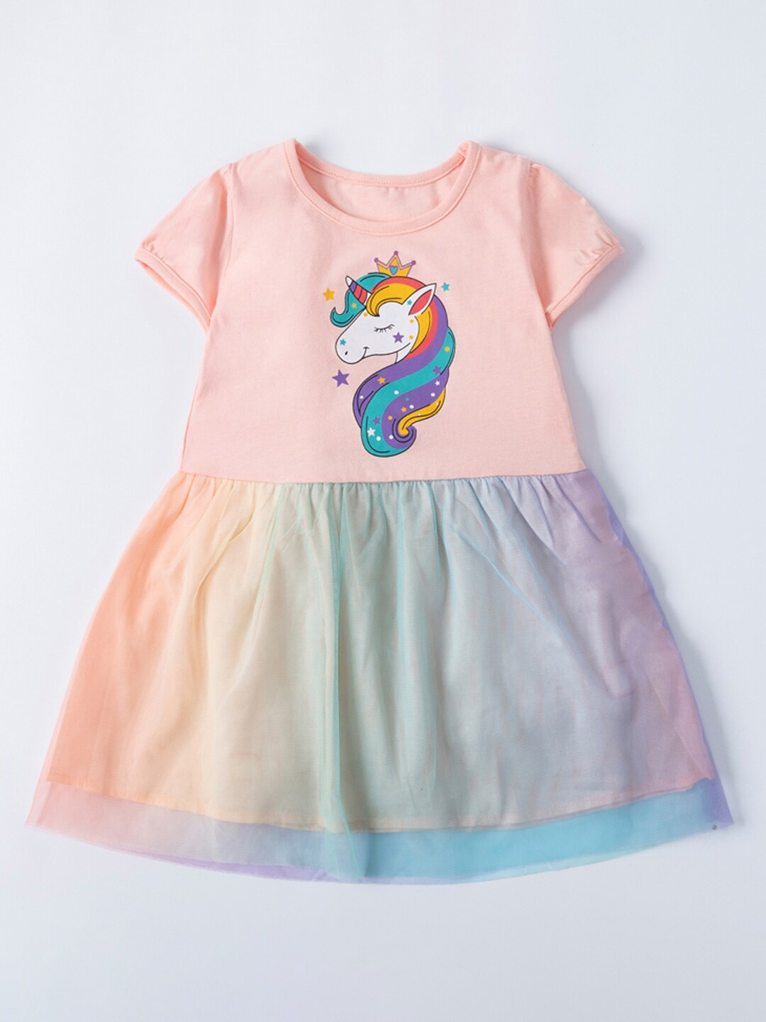 

StyleCast Girls Peach Unicorn Printed Cotton A-Line Dress, Multi