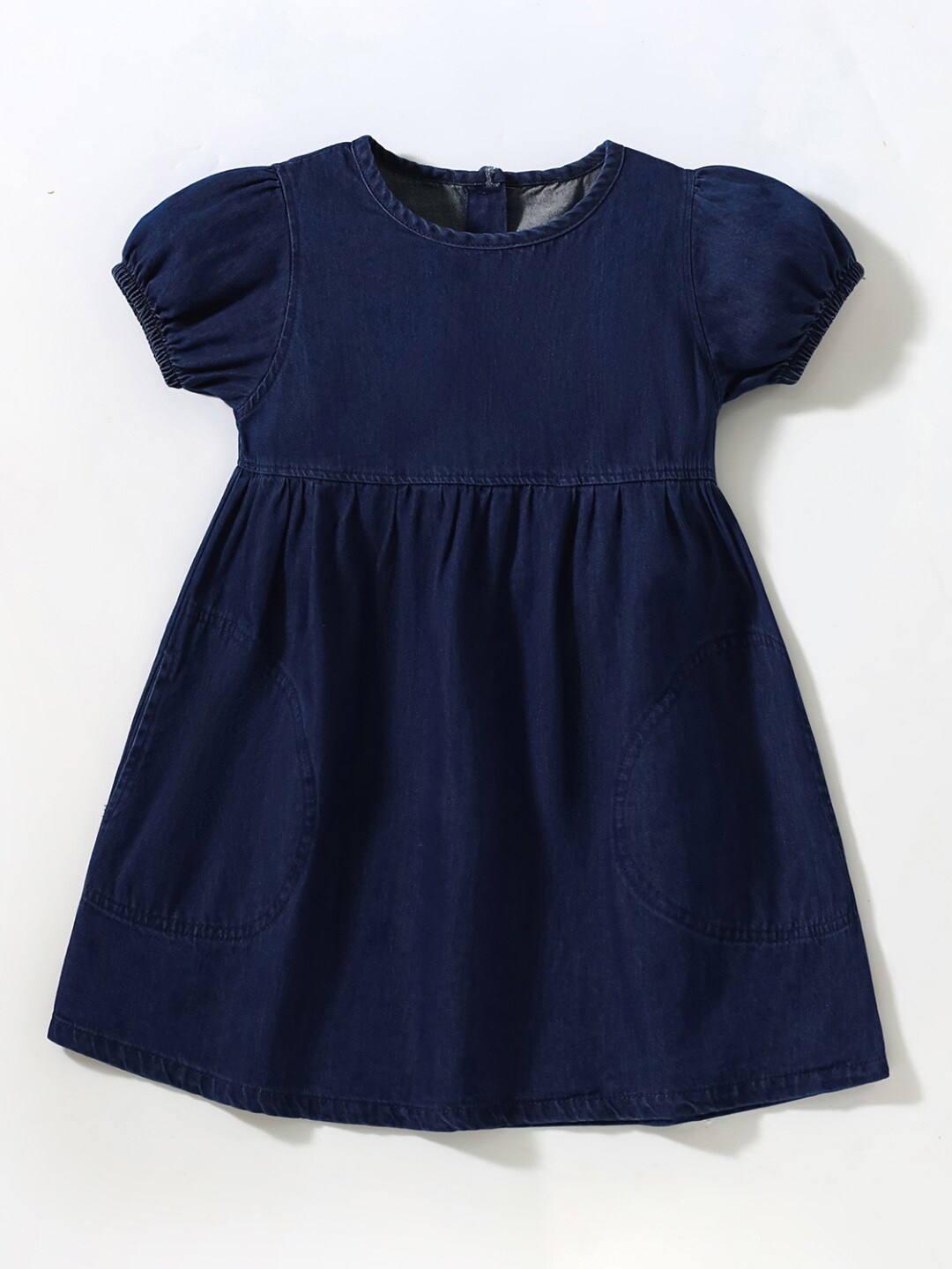 

StyleCast Round Neck A-Line Casual Solid Short Sleeves Knee Length Cotton Dress, Navy blue