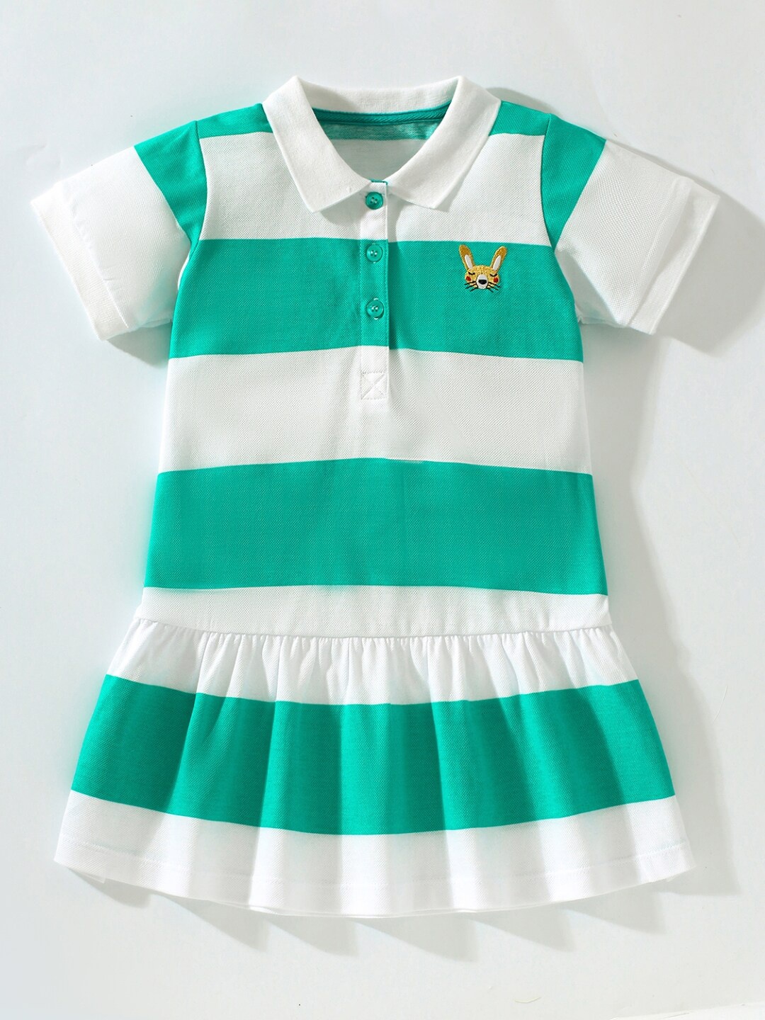 

StyleCast Shirt Collar A-Line Casual Colourblocked Short Sleeves Knee Length Cotton Dress, Green