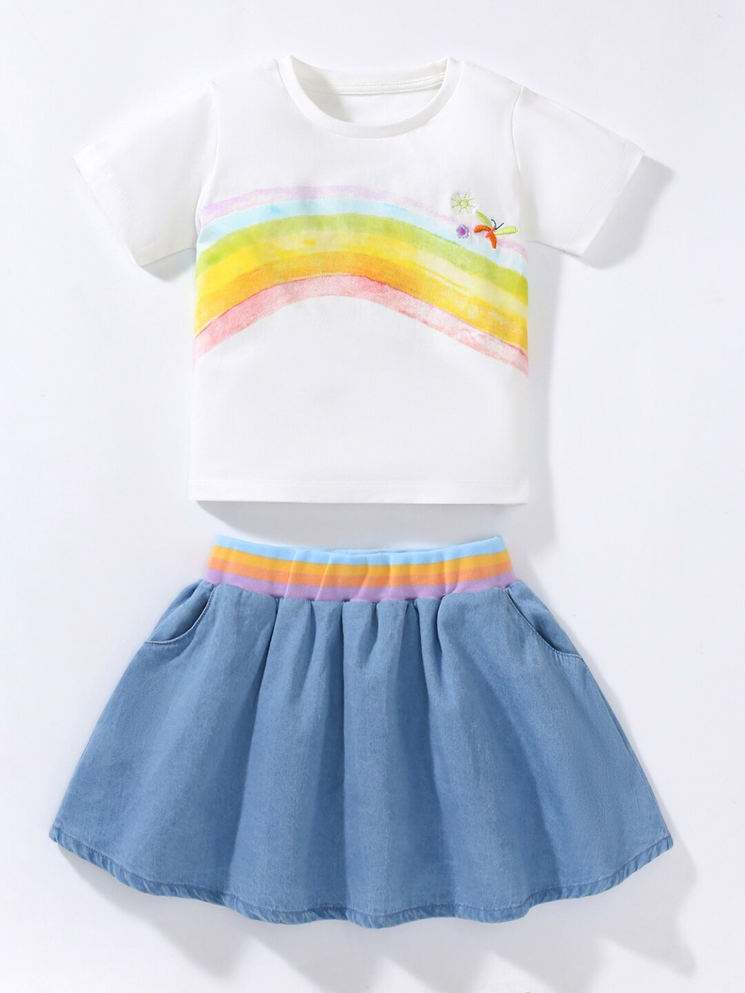 

StyleCast Girls Blue Striped Pure Cotton T-shirt With Skirt