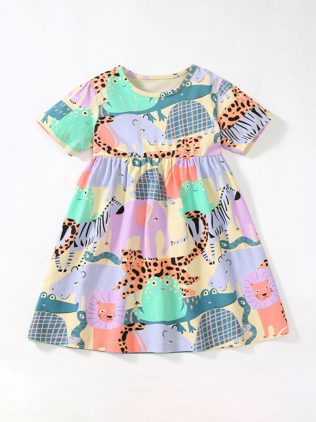 

StyleCast Purple & Green Animal Printed Cotton Round Neck A-Line Dress