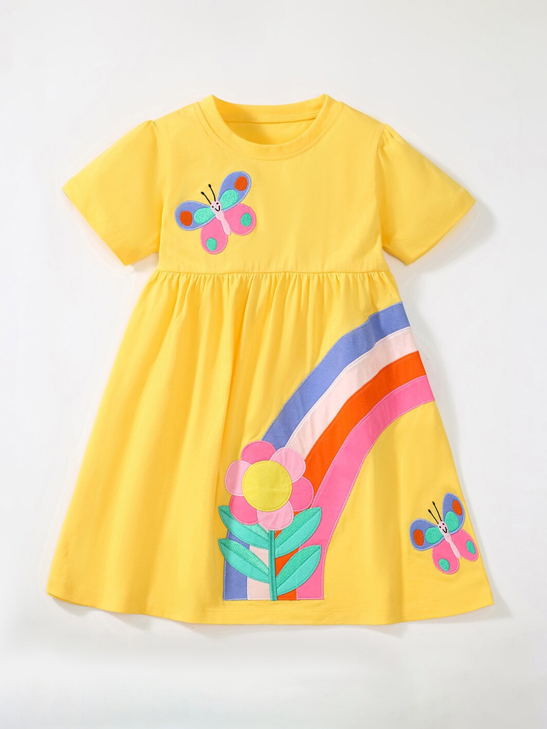 

StyleCast Girls Yellow & Blue Applique Work Pure Cotton Fit and Flare Dress