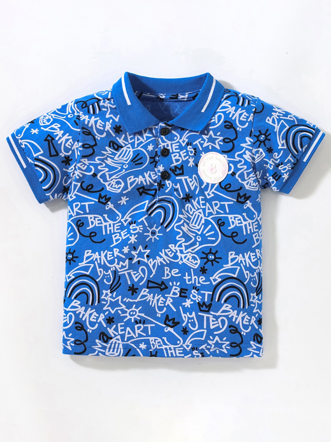 

StyleCast Girls Blue & Black Printed Polo Collar Pure Cotton T-shirt