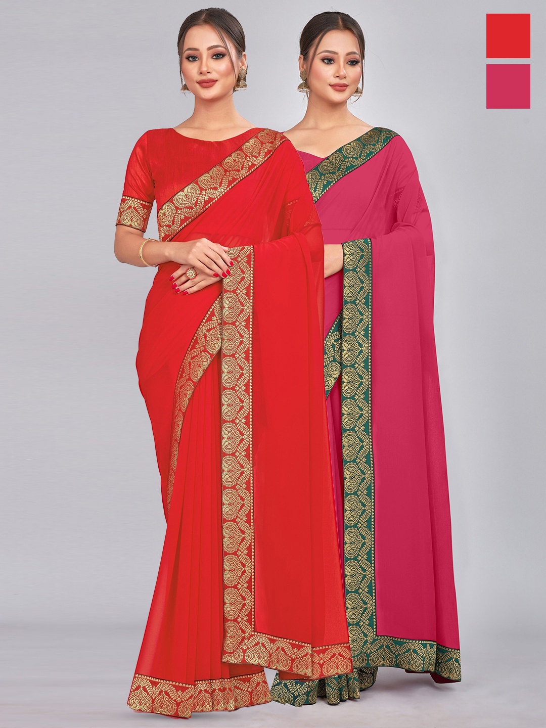 

CastilloFab Selection of 2 Zari Pure Georgette Saree, Red