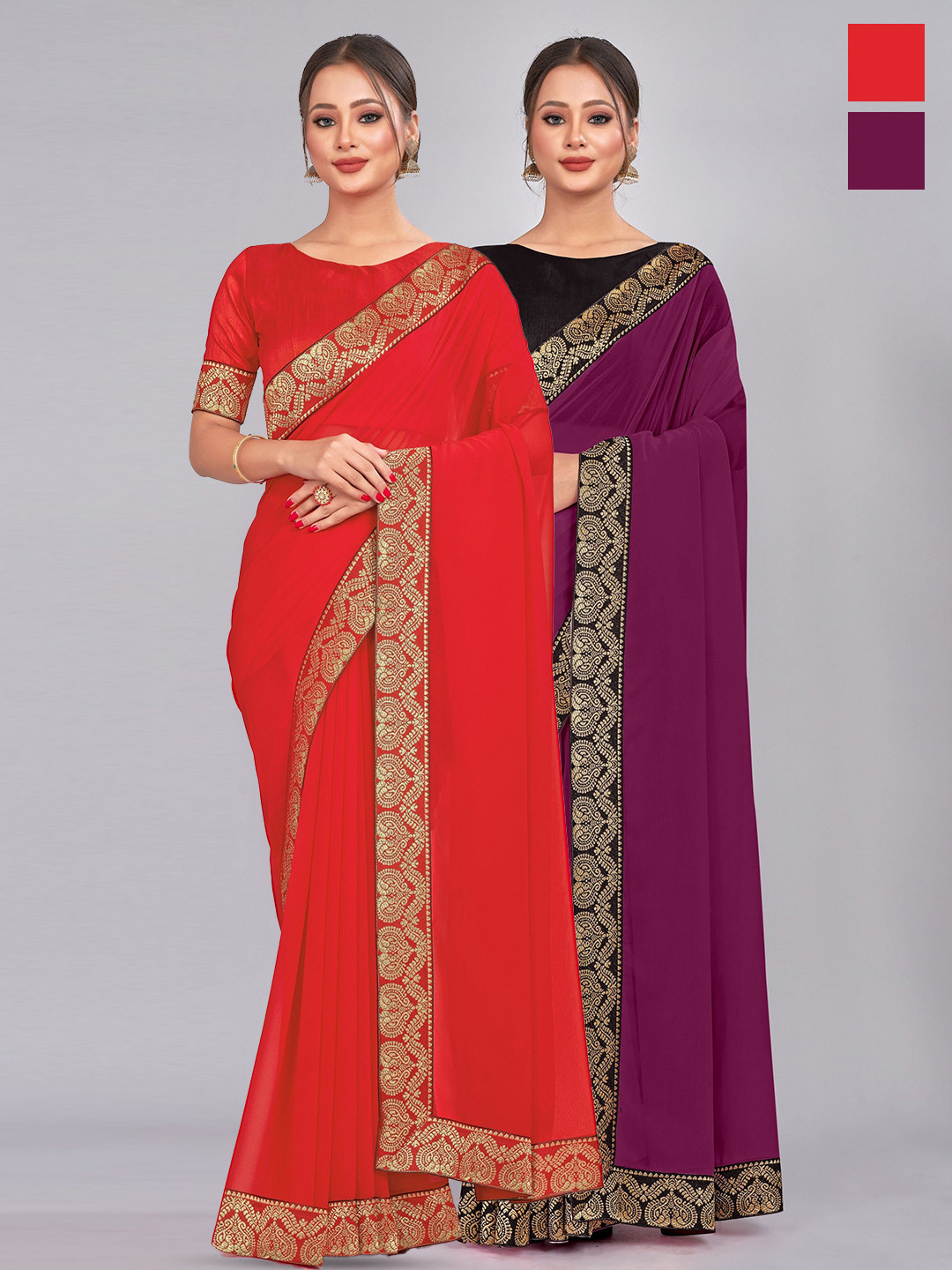 

CastilloFab Selection of 2 Zari Pure Georgette Saree, Red