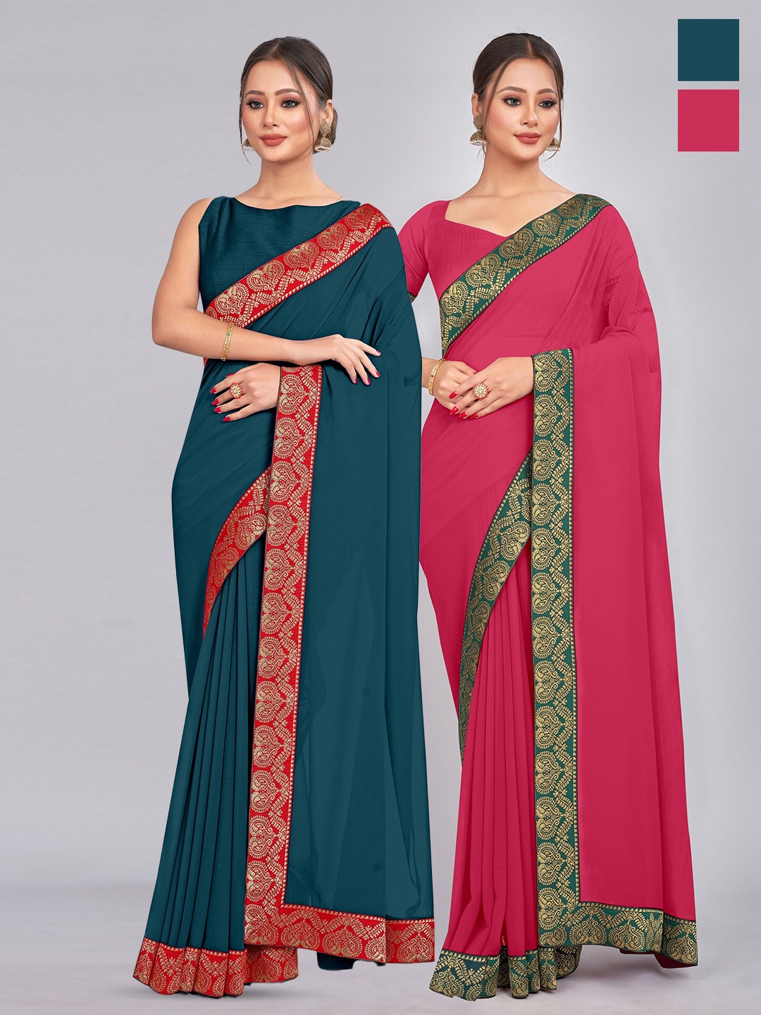 

CastilloFab Selection of 2 Zari Pure Georgette Saree, Teal