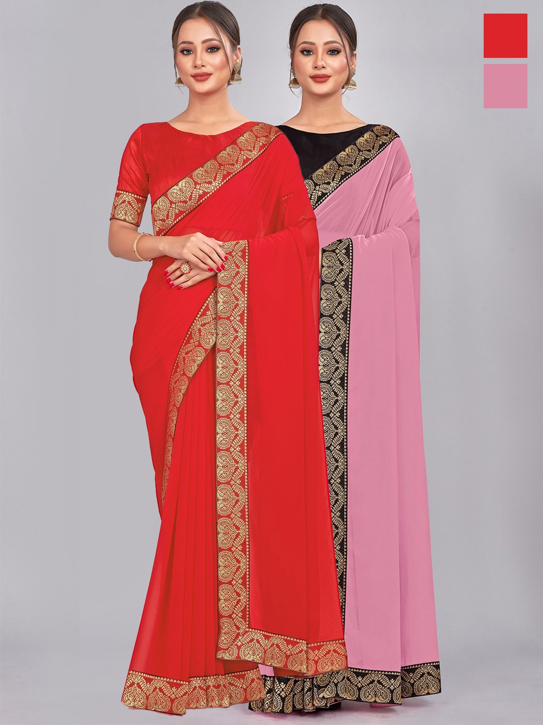 

CastilloFab Selection Of 2 Pure Georgette Saree, Red