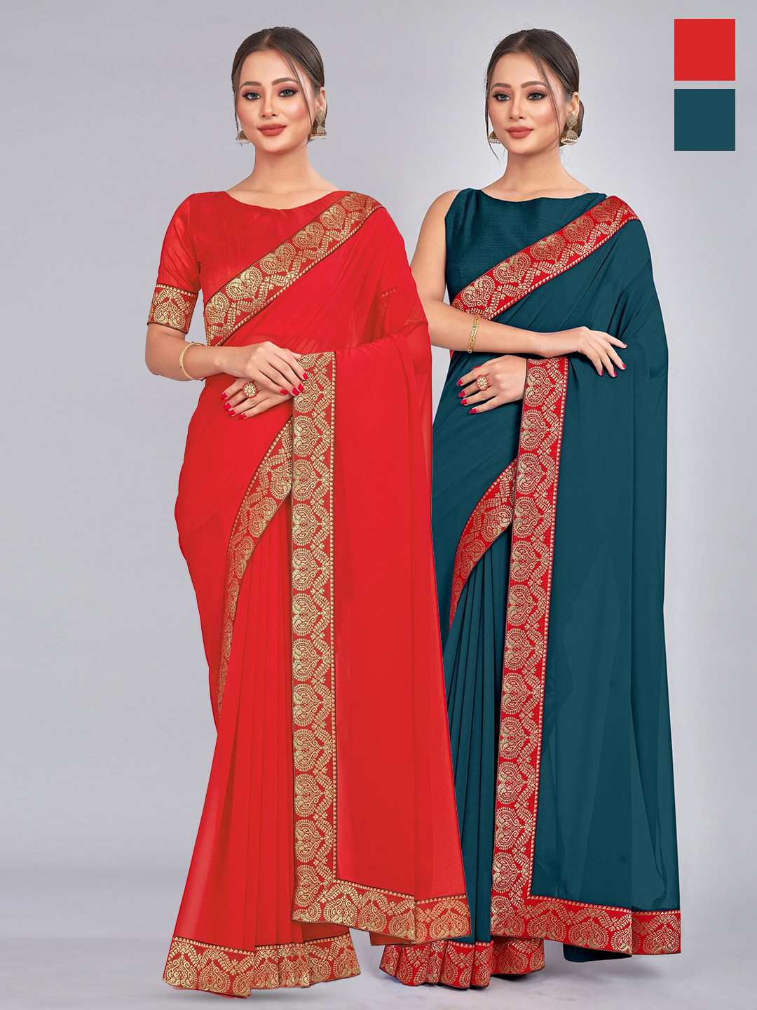 

CastilloFab Selection of 2 Zari Pure Georgette Saree, Red