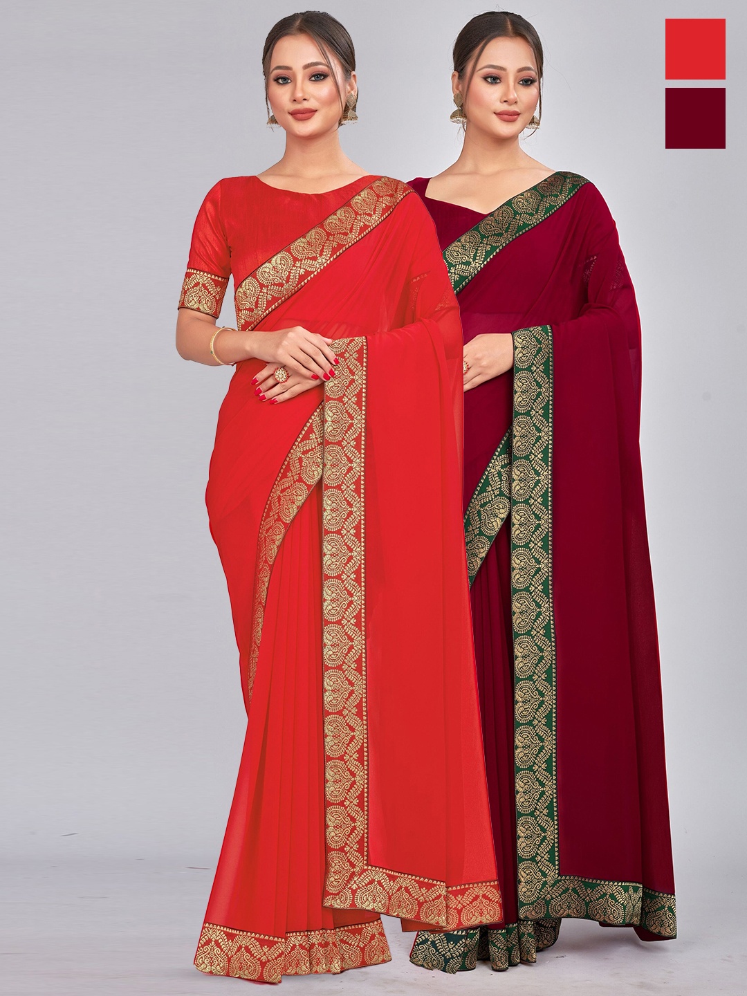 

CastilloFab Selection Of 2 Pure Georgette Sarees, Red