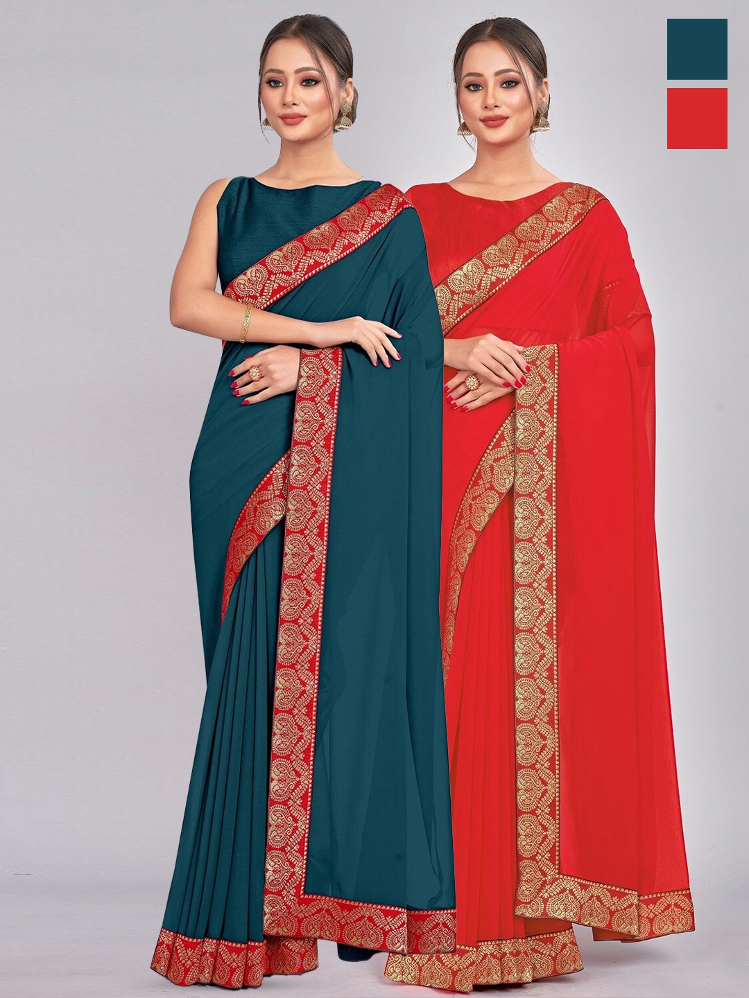 

CastilloFab Selection of 2 Zari Pure Georgette Saree, Teal