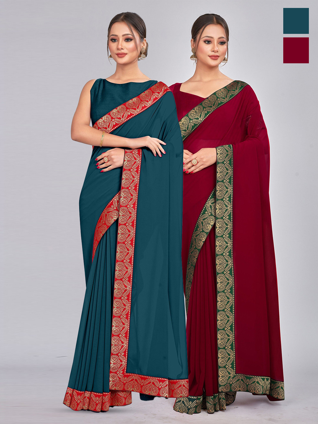 

CastilloFab Selection Of 2 Pure Georgette Sarees, Teal