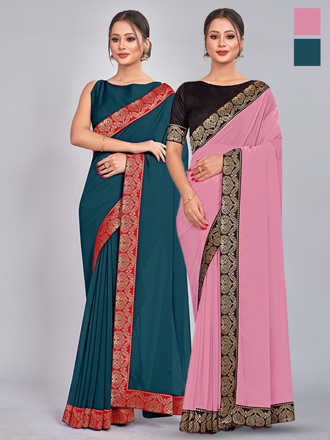 

CastilloFab Selection Of 2 Pure Georgette Lace Saree, Teal